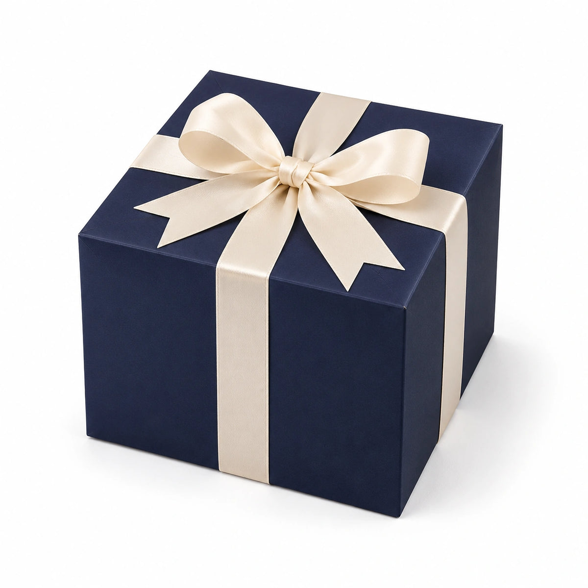 Geschenkbox 20 x 20 x 20 cm aus Karton in Dunkelblau mit cremefarbenem Satinband