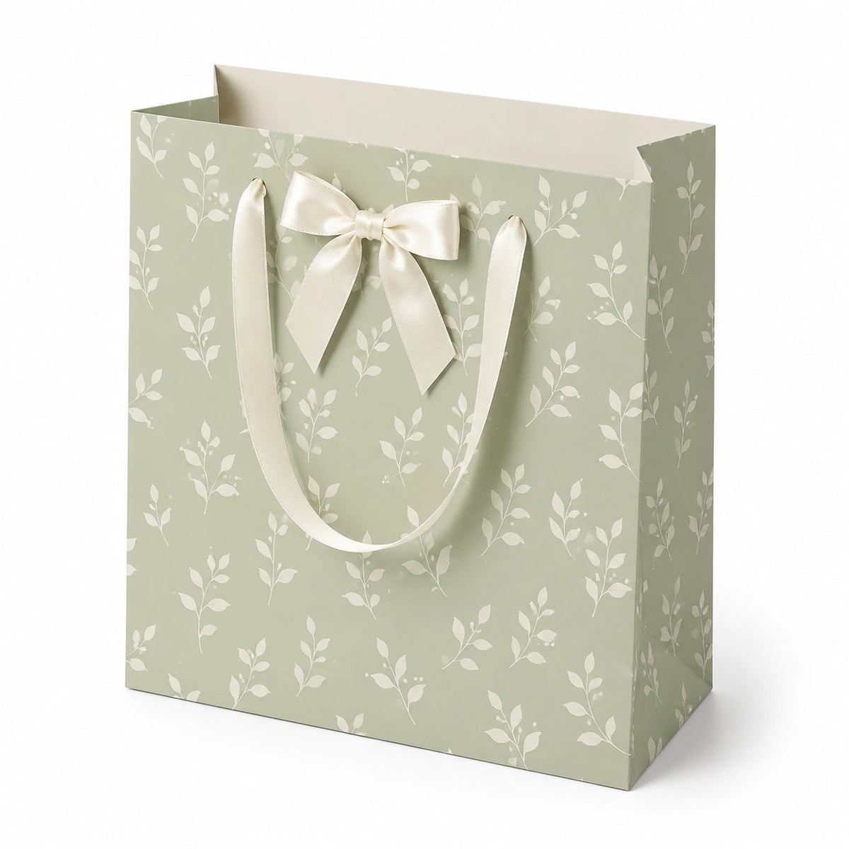 Geschenktüte 32 x 12 x 26 cm Papier Salbeigrün mit Satinband floral