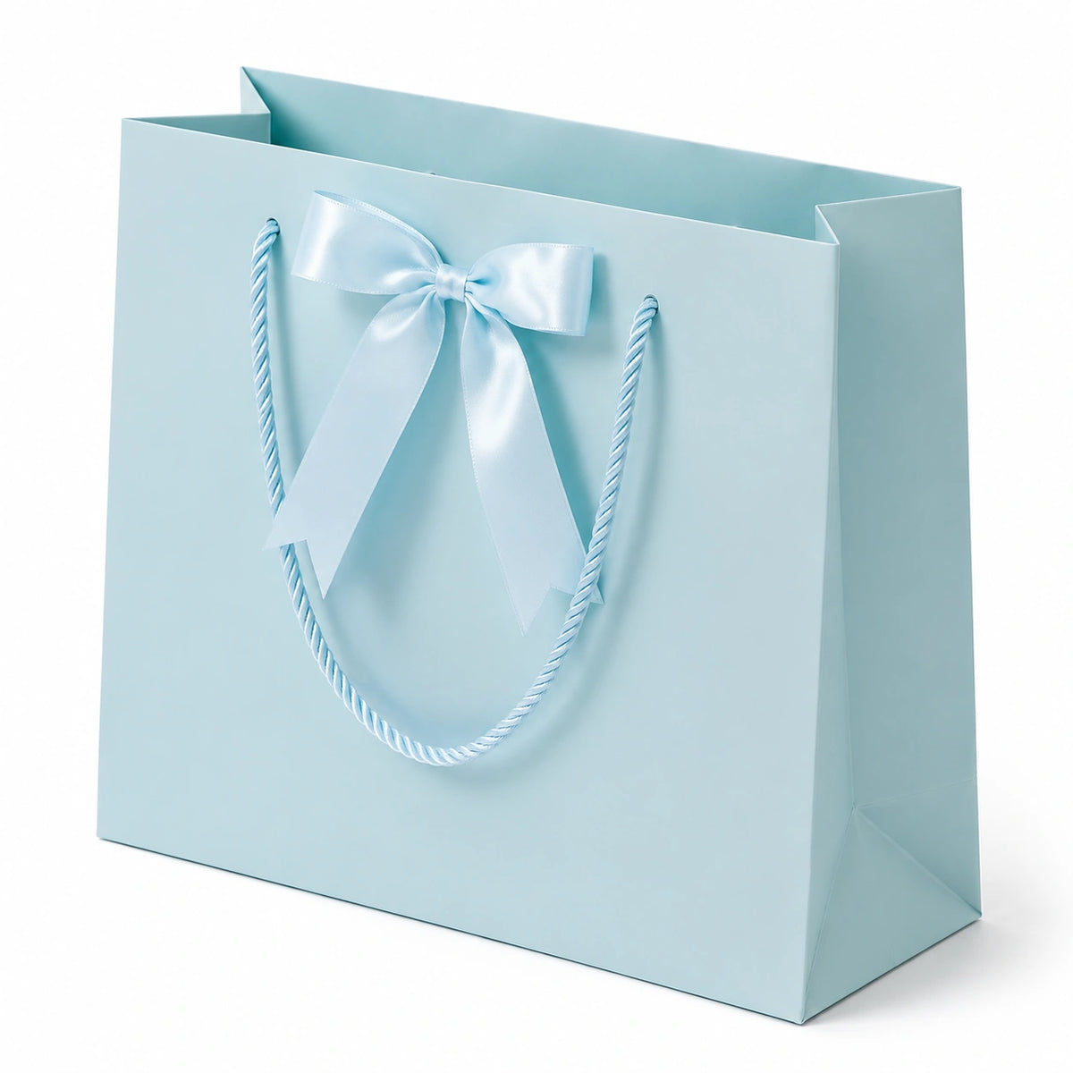 Geschenktasche 32 cm x 12 cm x 26 cm aus Papier in Hellblau mit Schleife und Kordelgriffen