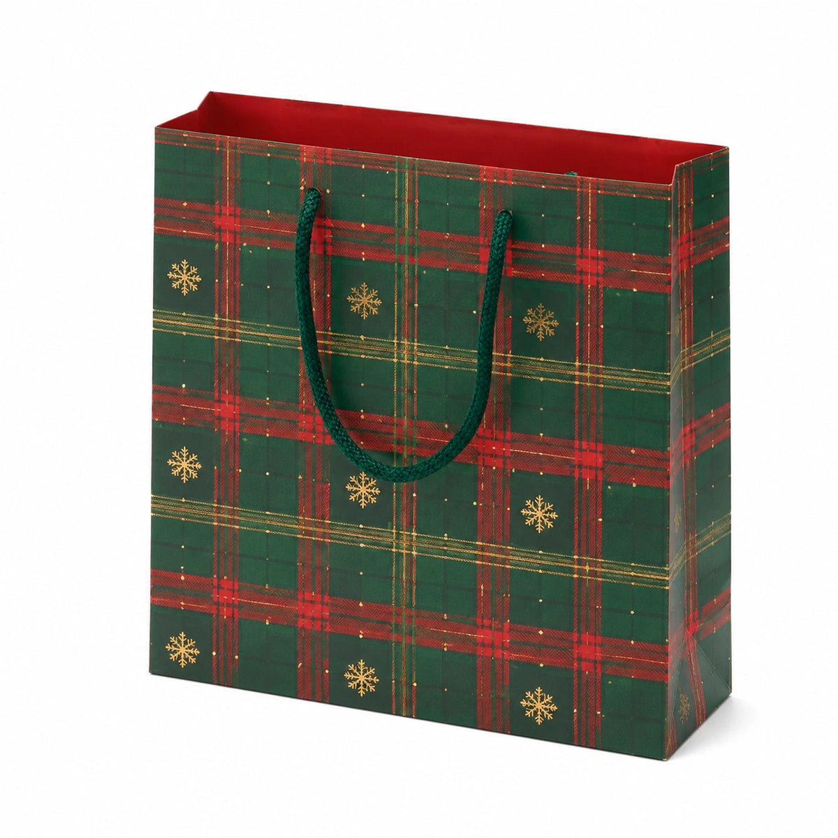 Geschenktüte 26 x 12 x 32 cm aus Papier Grün Rot mit Kordelgriffen und Karomuster