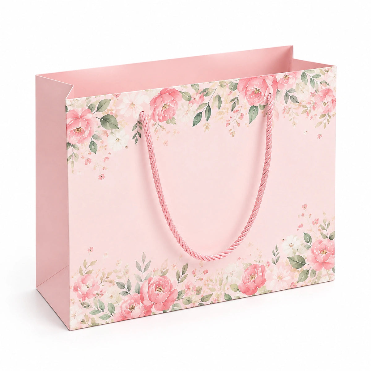 Geschenktüte 32 x 12 x 26 cm aus Papier Rosa mit Blumenmuster und Kordelgriffen