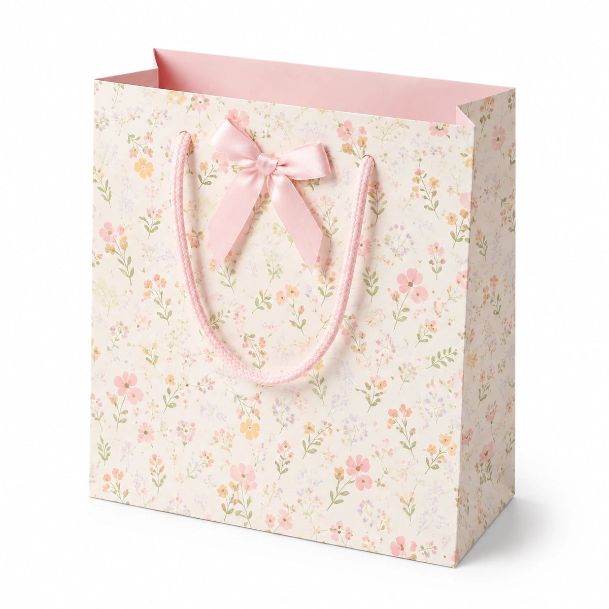 Geschenktüte 26 x 12 x 32 cm aus Papier Rosa mit Blumenmuster und Kordelhenkeln