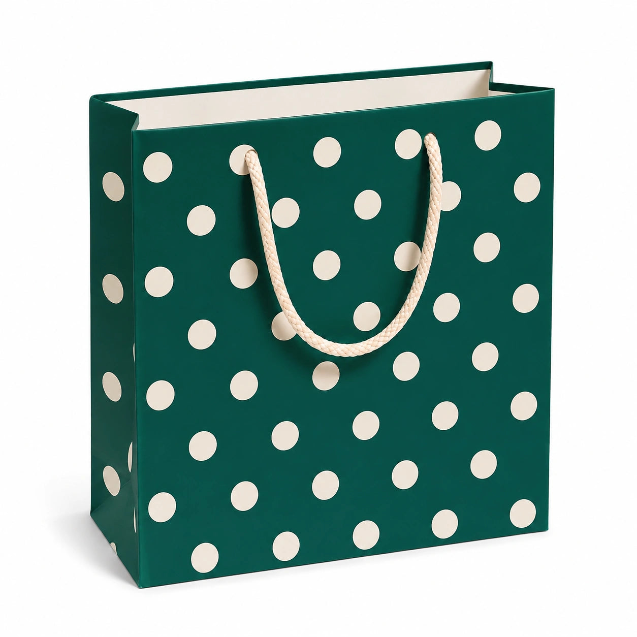 Geschenktüte 32 x 12 x 26 cm aus Papier Grün Creme mit Punkten und Kordelgriffen