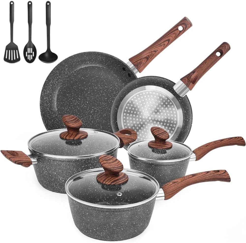 Granit Topf- & Pfannensets, Schwarz, Kochgeschirr-Set, ultra-antihaftbeschichtet, 11-teilig, Druckgusstöpfe und Pfannen