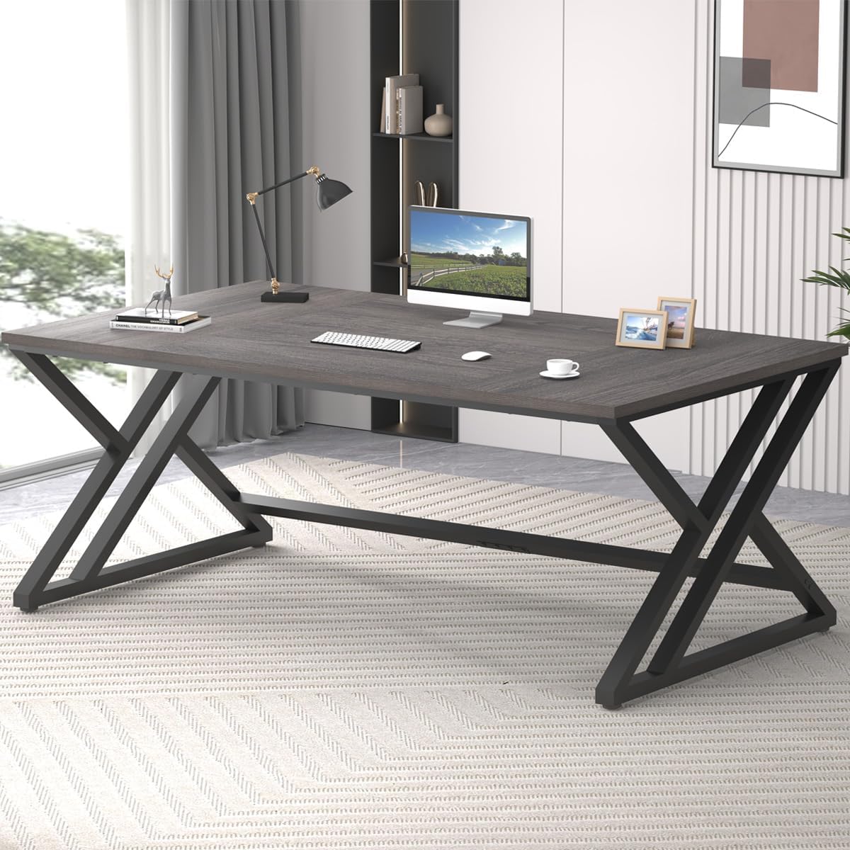LVB Schreibtisch, 180 x 80 x 75 cm, Dunkelgrau/Schwarz, Großer Computertisch Bürotisch für Home Office Büro