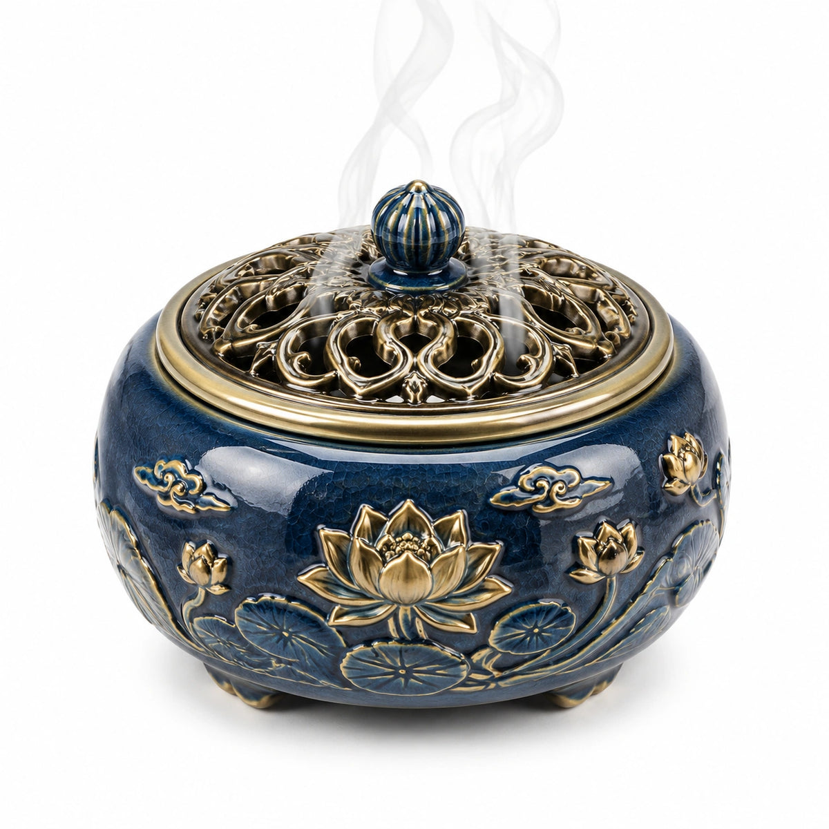 Räuchergefäß Durchmesser 18 cm Keramik Blau Gold mit durchbrochenem Deckel Lotusdekor