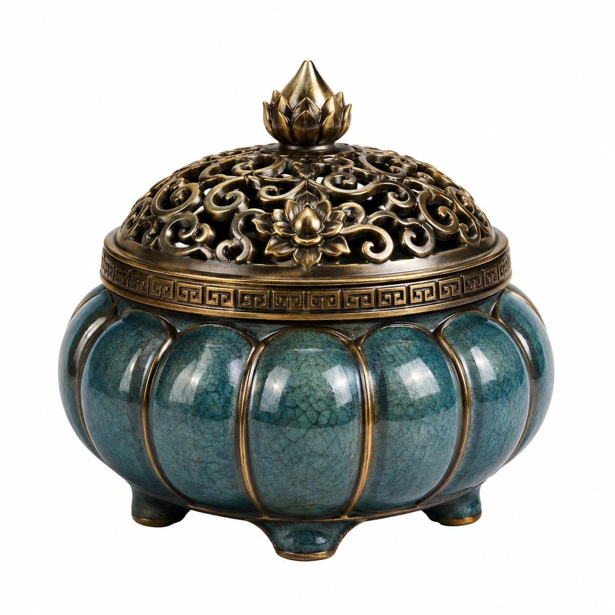 Räuchergefäß 18 cm Keramik Türkis Bronze mit durchbrochenem Deckel