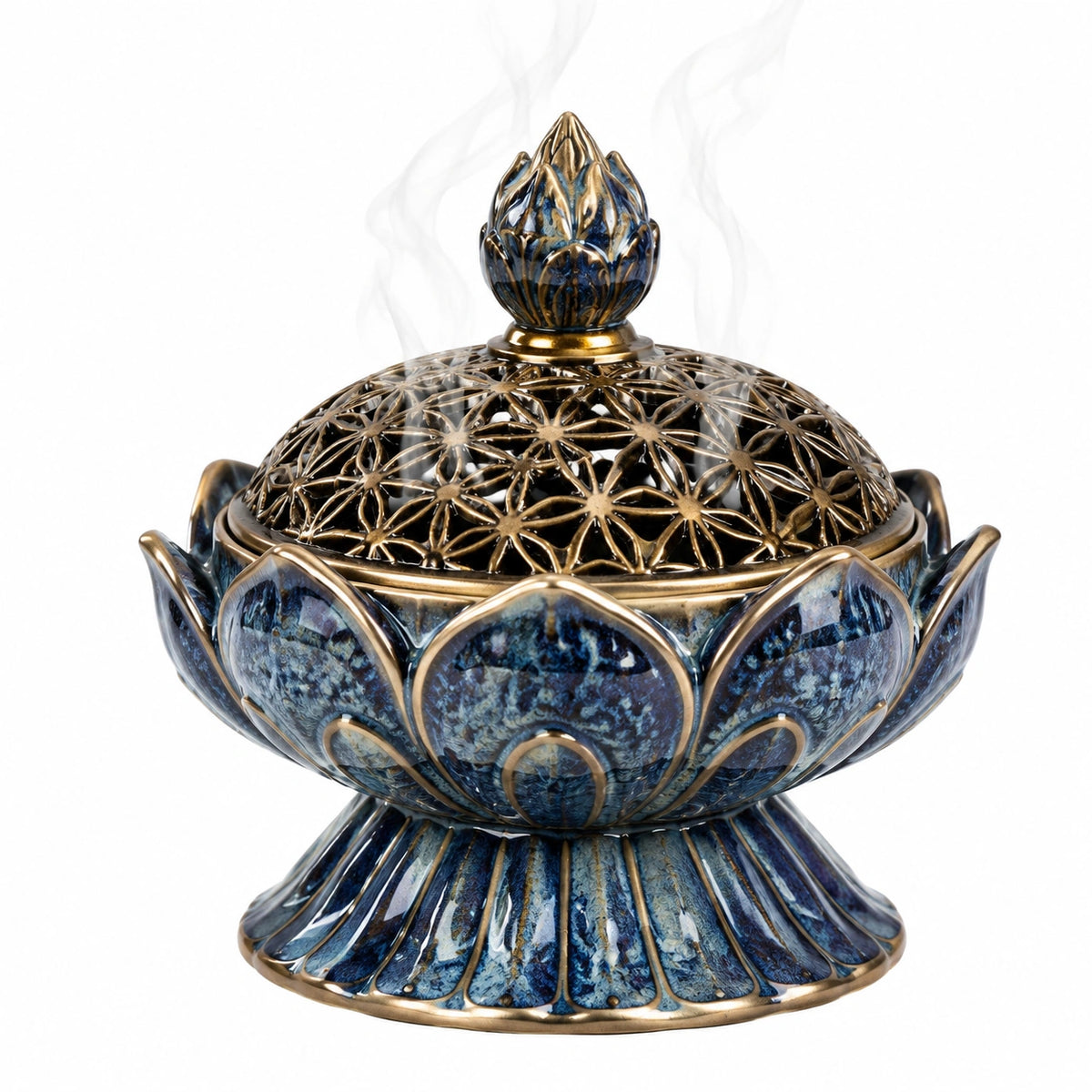 Räuchergefäß 16 cm Keramik Blau Gold für Räucherkegel mit durchbrochenem Deckel