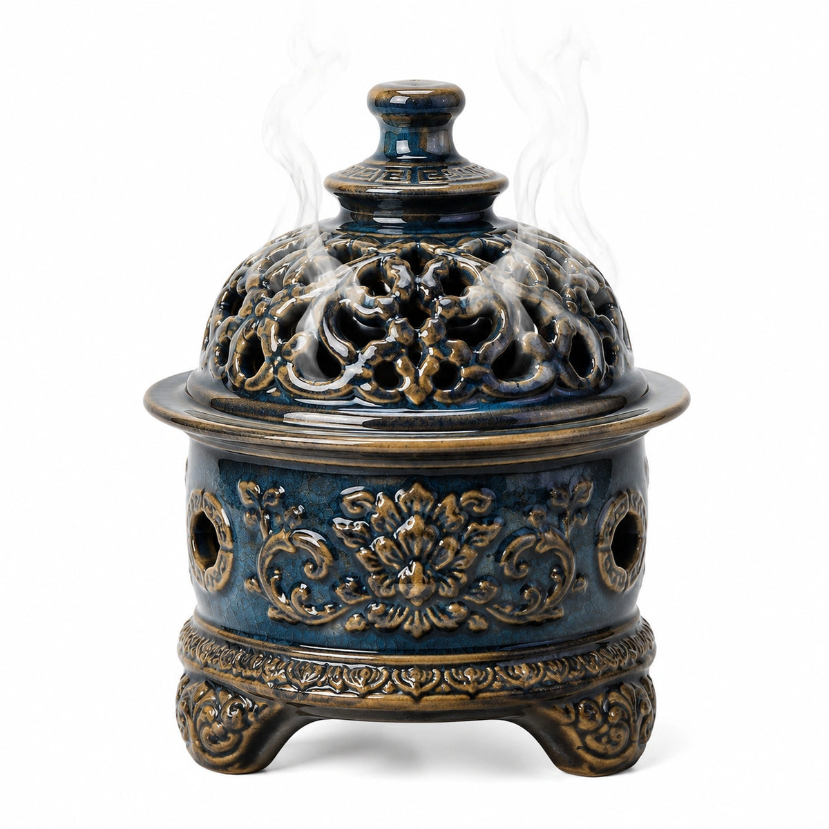 Räuchergefäß 18 cm Keramik Blau Braun mit Deckel und Durchbruchmuster