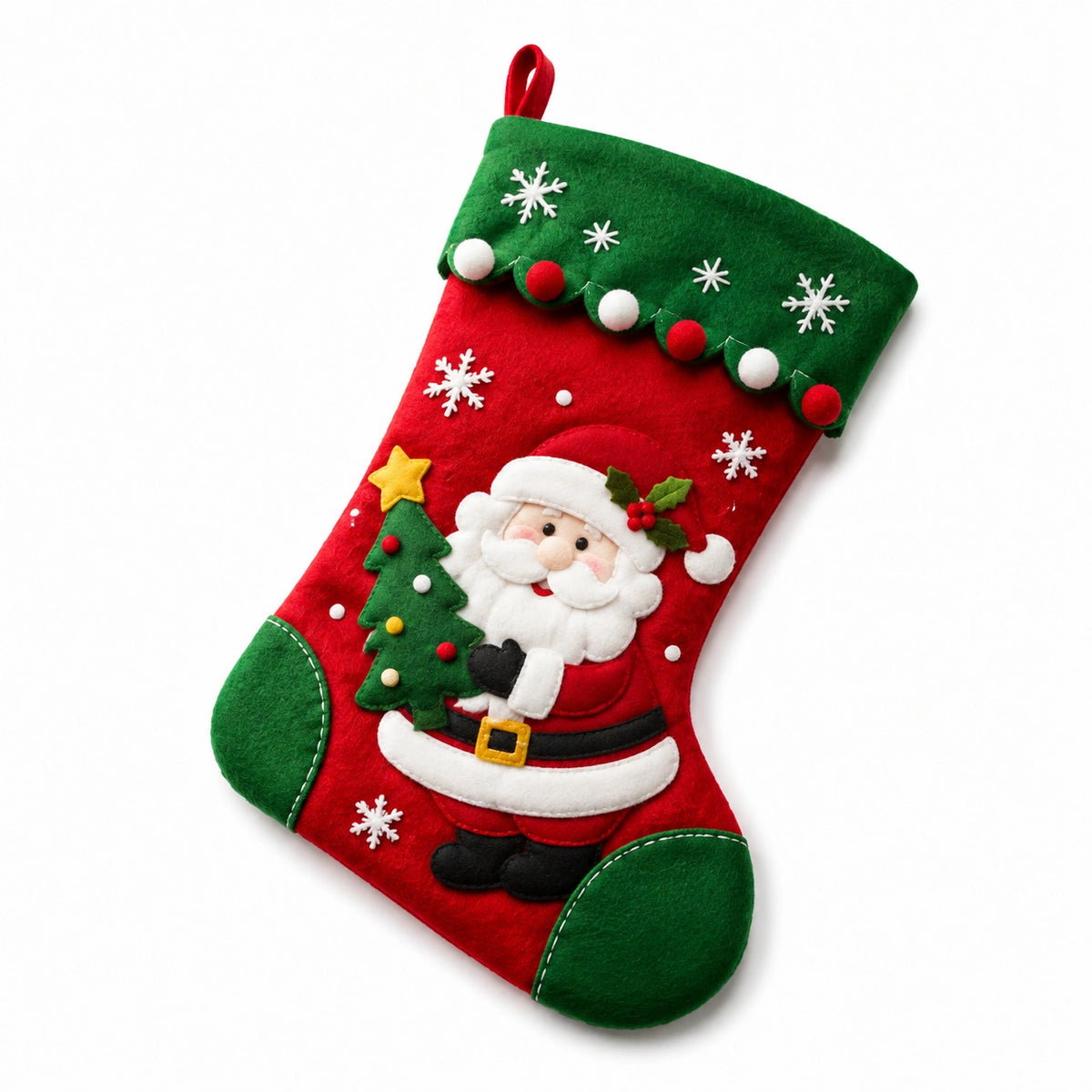 Weihnachtsstrumpf 45 cm aus Filz Rot Grün zum Aufhängen mit Weihnachtsmannmotiv