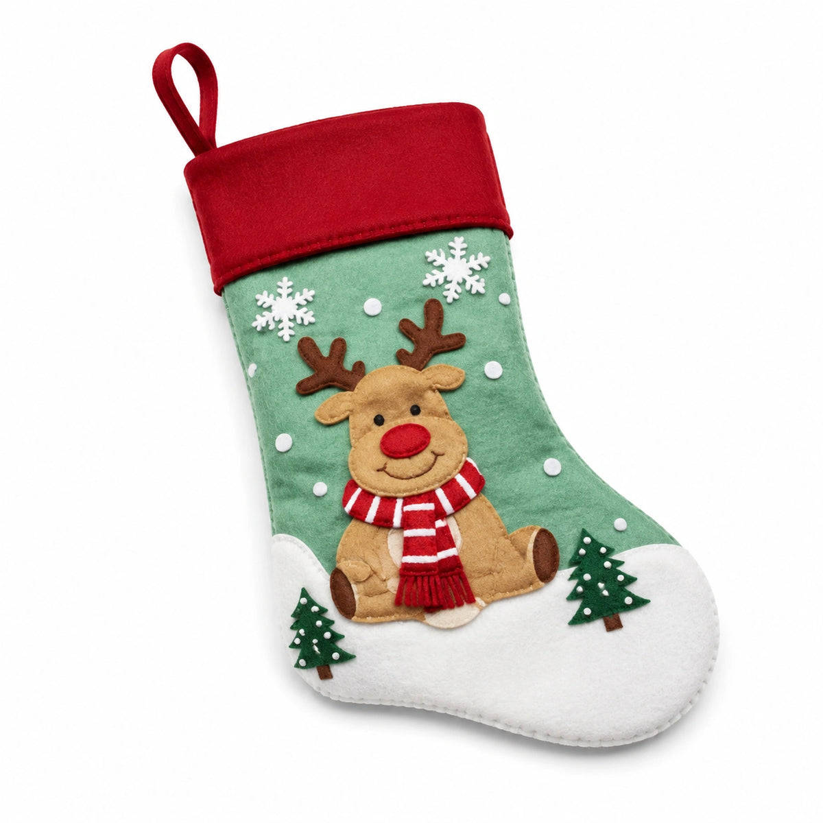 Weihnachtsstrumpf 45 cm aus Filz Grün Rot mit Rentiermotiv zum Aufhängen
