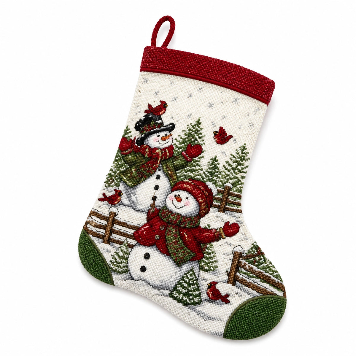 Weihnachtsstrumpf 46 cm aus Textilgewebe cremeweiß rot grün mit Schneemannmotiv zum Aufhängen
