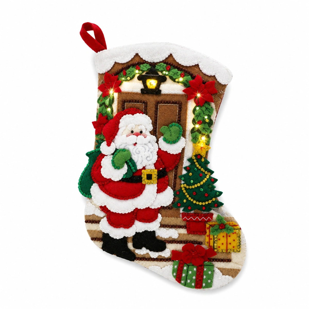 Weihnachtsstrumpf 45 cm aus Filz Rot Grün mit LED Beleuchtung Nikolausmotiv
