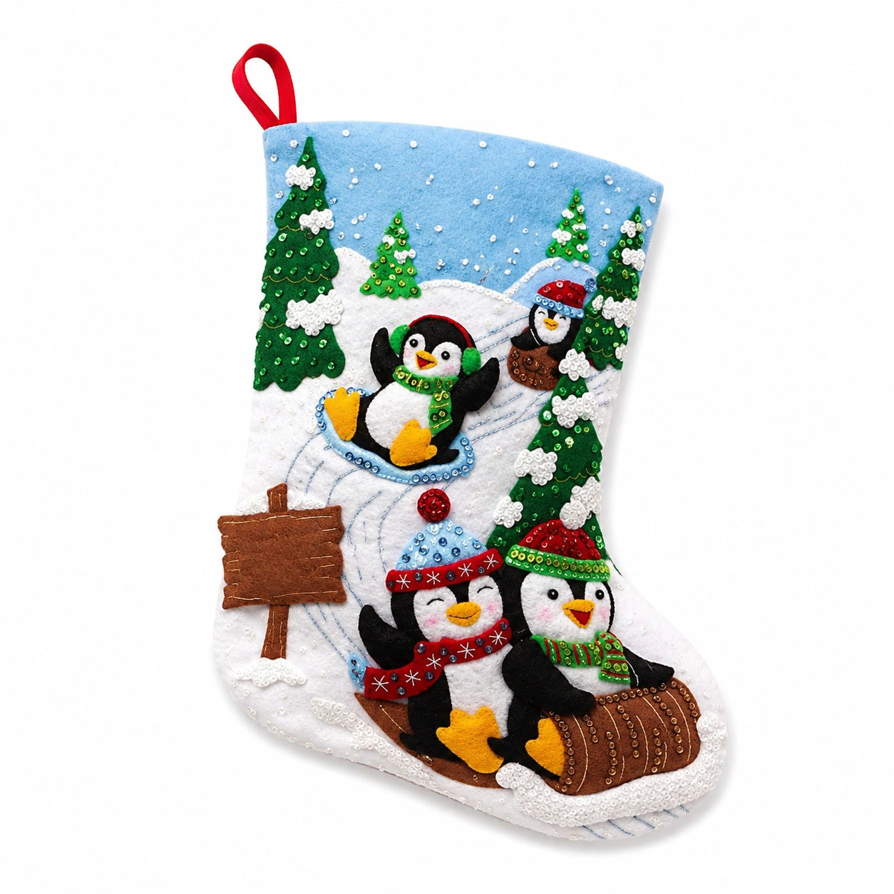 Dekostiefel 45 cm aus Filz Weiß Blau mit Pinguinmotiv zum Aufhängen