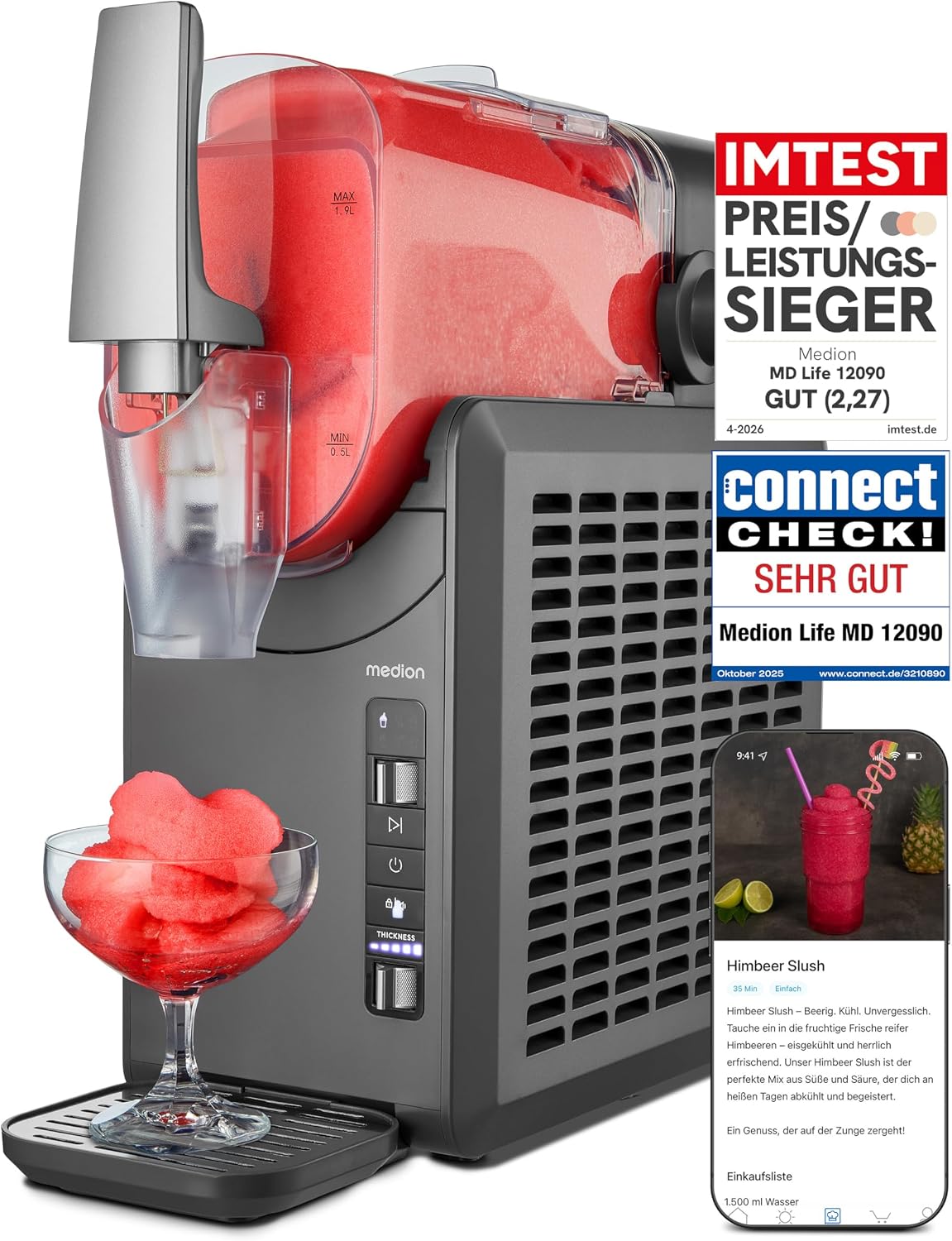 MEDION Kompressor, 2,6 Liter, 1,9 Liter, Schwarz, Slush Maschine ( Slush-Eis Kapazität, Fassungsvermögen, Slush Ice Maker für Getränke