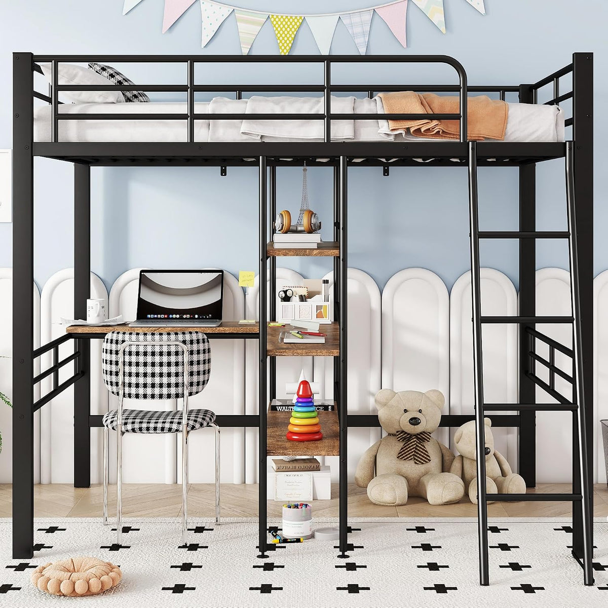 Wyibwy Schreibtisch, 90 x 200 cm, Schwarz, Hochbett, Metallbett mit und mehreren Ablagen, Etagenbett mit Geländer und Leiter