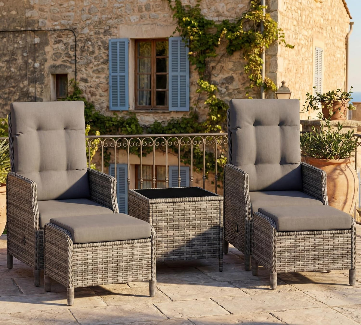 UDPATIO Sofa, Dunkelgrau, Rattan Gartenmöbel Set 5-teilig mit Verstellbaren Sessel, Fußhocker und Couchtisch, Lounge Möbel Outdoor Set