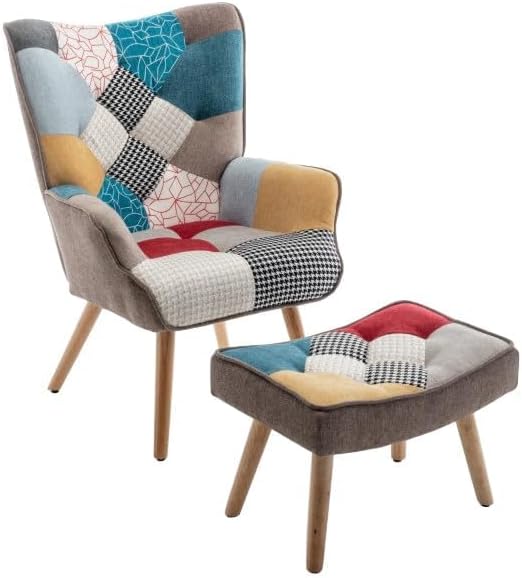 Totò Piccinni Ohren- & Armlehnensessel, Sessel mit Hocker Design Patchwork Beine aus Buchenholz