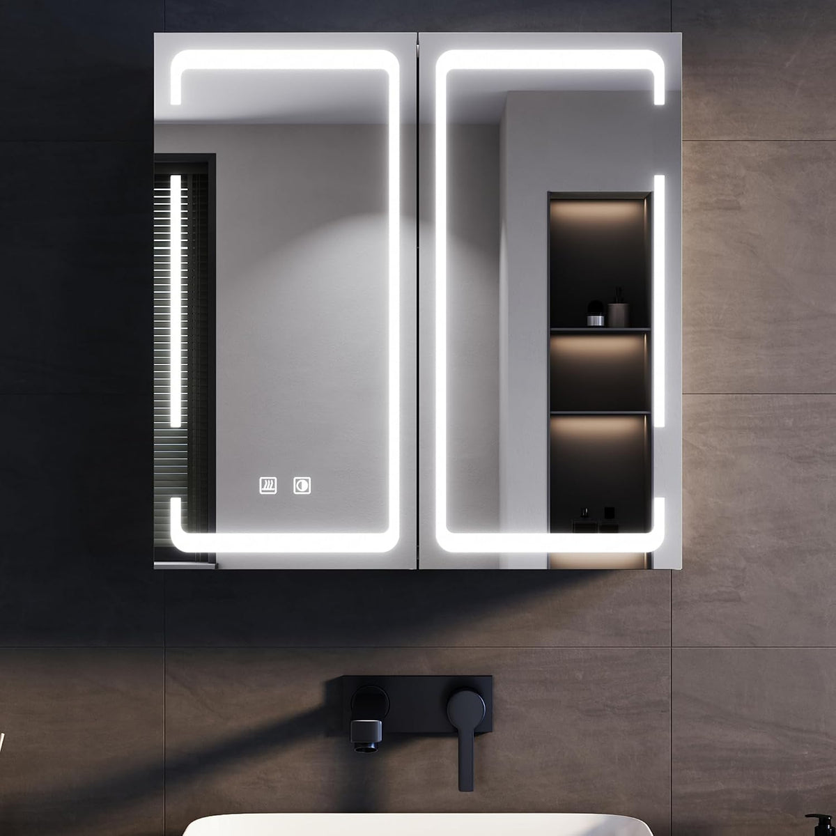 SONNI Spiegelschränke, 60 x 59 cm, Weiß, LED Spiegelschrank Bad und Steckdose, Metall Spiegelschrank mit Touch-Schalter