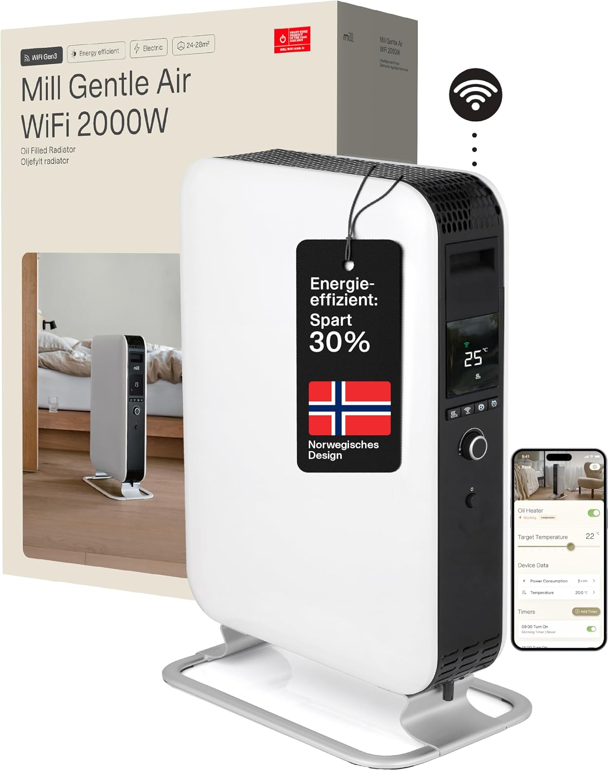 Mill Elektroheizkörper, 2000 W, 28m, Weiß, Ölradiator Elektro Heizkörper - WIFI Smarte Elektroheizung, Heizung elektrisch für 24- ²
