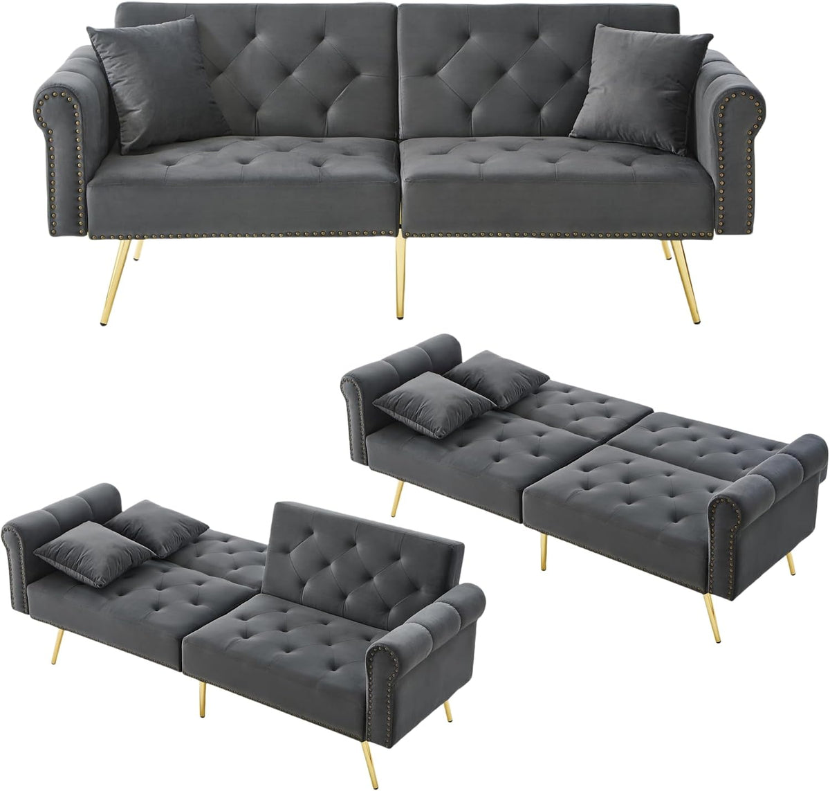 Lontl Sofa, Anthrazit, Schlaf 2 Sitzer mit Schlaffunktion, Verstellbares aus Samt, Schlafcouch klappbar & platzsparend