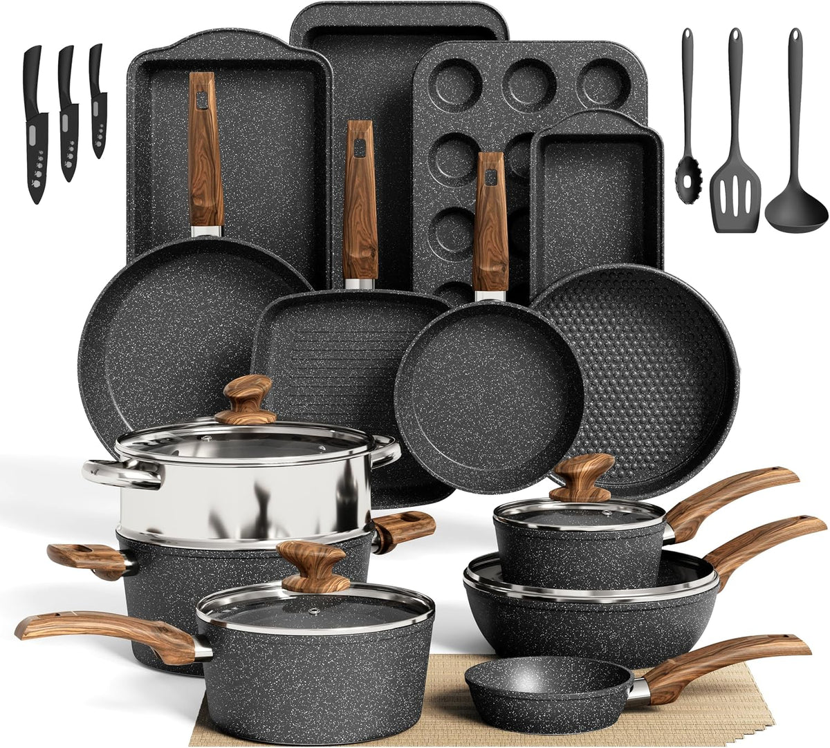 DishDelight Topf- & Pfannensets, Schwarz, 30-teiliges Topf- und Pfannenset, antihaftbeschichtet, Granit-Kochgeschirr-Sets