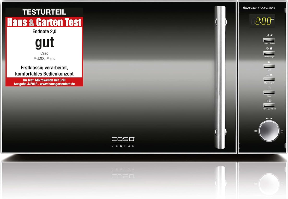 Caso Mikrowelle, 1000 W, 800 W, 20 L, Silber/Schwarz, MG20 Ceramic menu 2-in-1 mit Grill, Keramikboden und Grill-Rost für 2 Ebenen