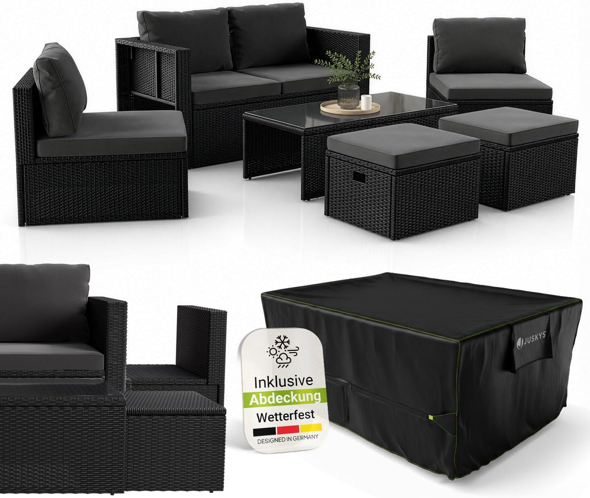 Gartenmöbel-Set Juskys, Schwarz, Polyrattan Gartenmöbel Set Salou inkl. Abdeckung -, Balkon, Terrasse