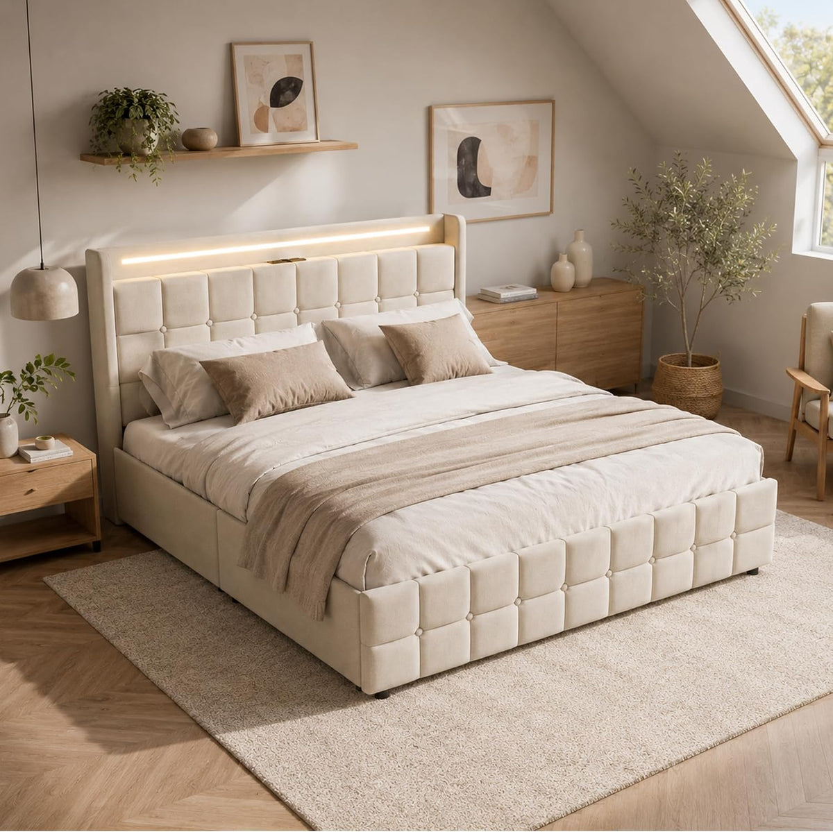 DULRLLY Bett, Grau, 180x200 mit Schubladen Stauraum Polster Doppel mit USB, Ohne Matratz, Linnen