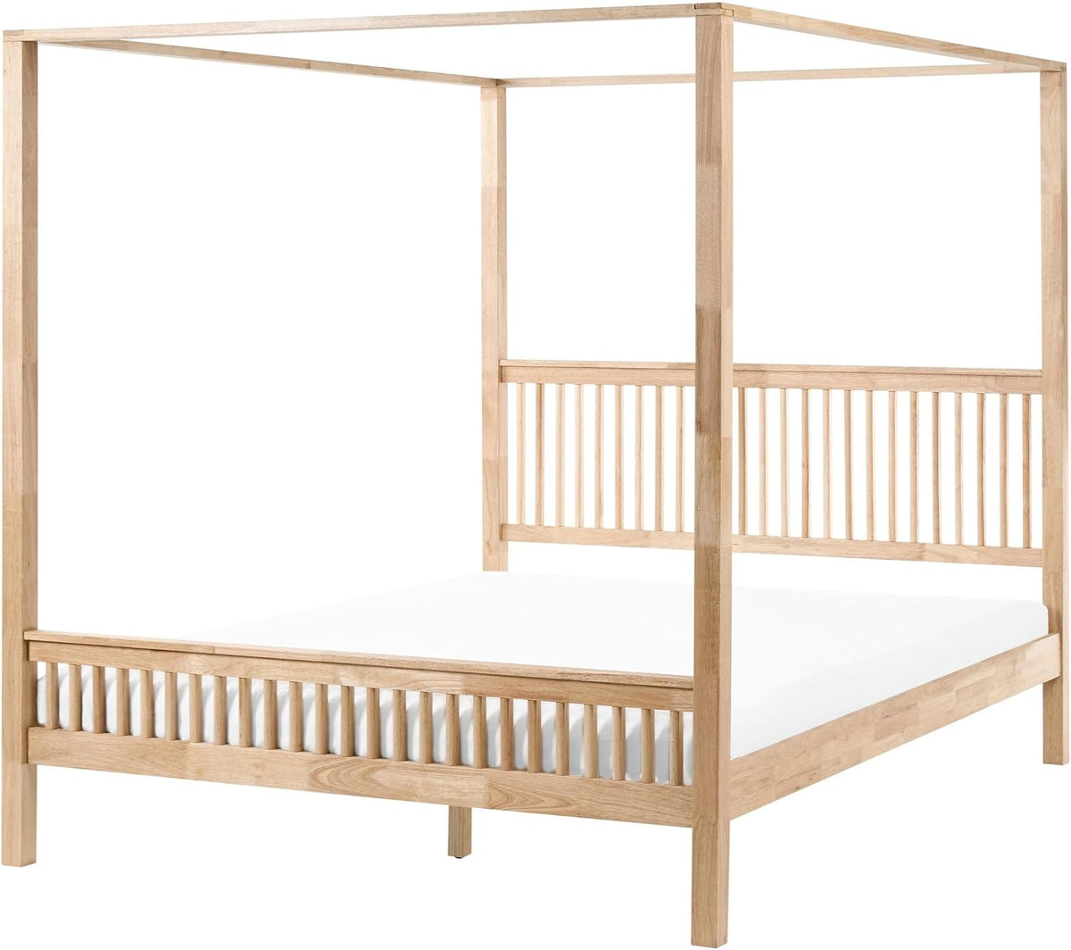 Beliani Bett, 180 x 200 cm, Gummibaumholz, Hellbraun/Weiß, Himmel Holz hellbraun mit Lattenrost modern Harfleur