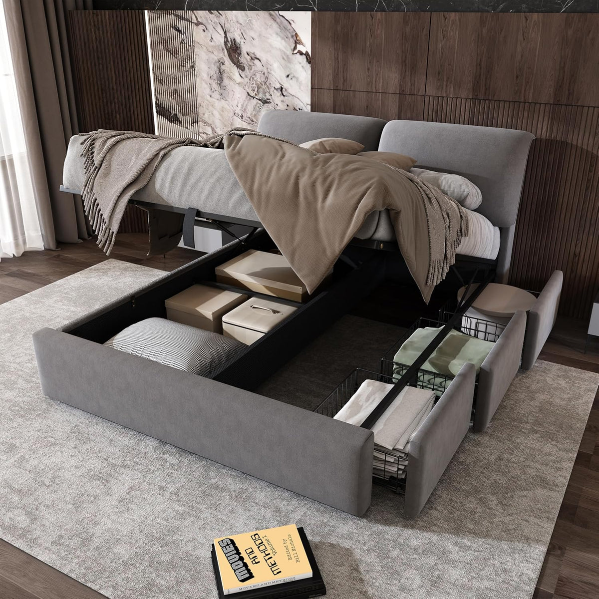 Oxtao Matratze, 140x200 cm, Grau, Polsterbett Doppelbett mit 3 Stauraum Schublade, Bett mit Stauraum und Kopfteil