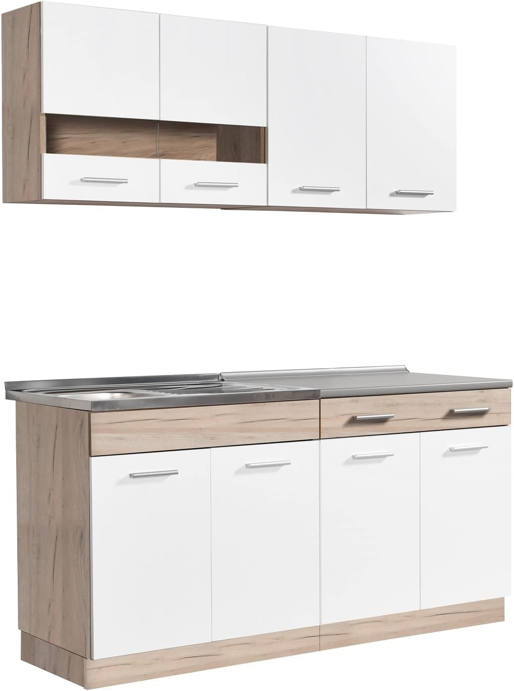 Homestyle4u Küchenzeile, 160 cm, Weiß/Eiche, ohne Geräte - Weiß Eiche
