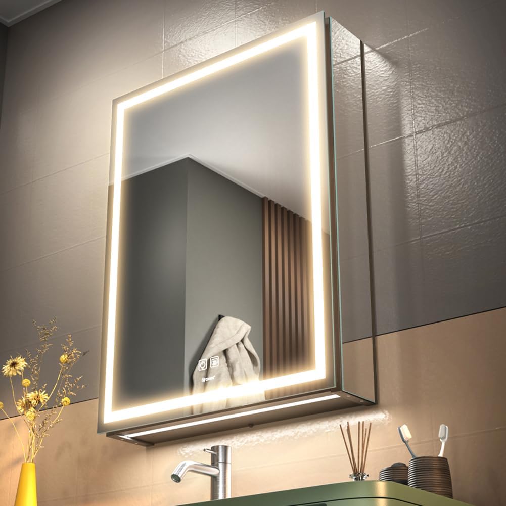 GANPE Spiegelschränke, 50 x 70 cm, Silber, LED Beleuchtetes Badezimmer Medizin Spiegel Schrank, Defog, Stufenloses Dimmen