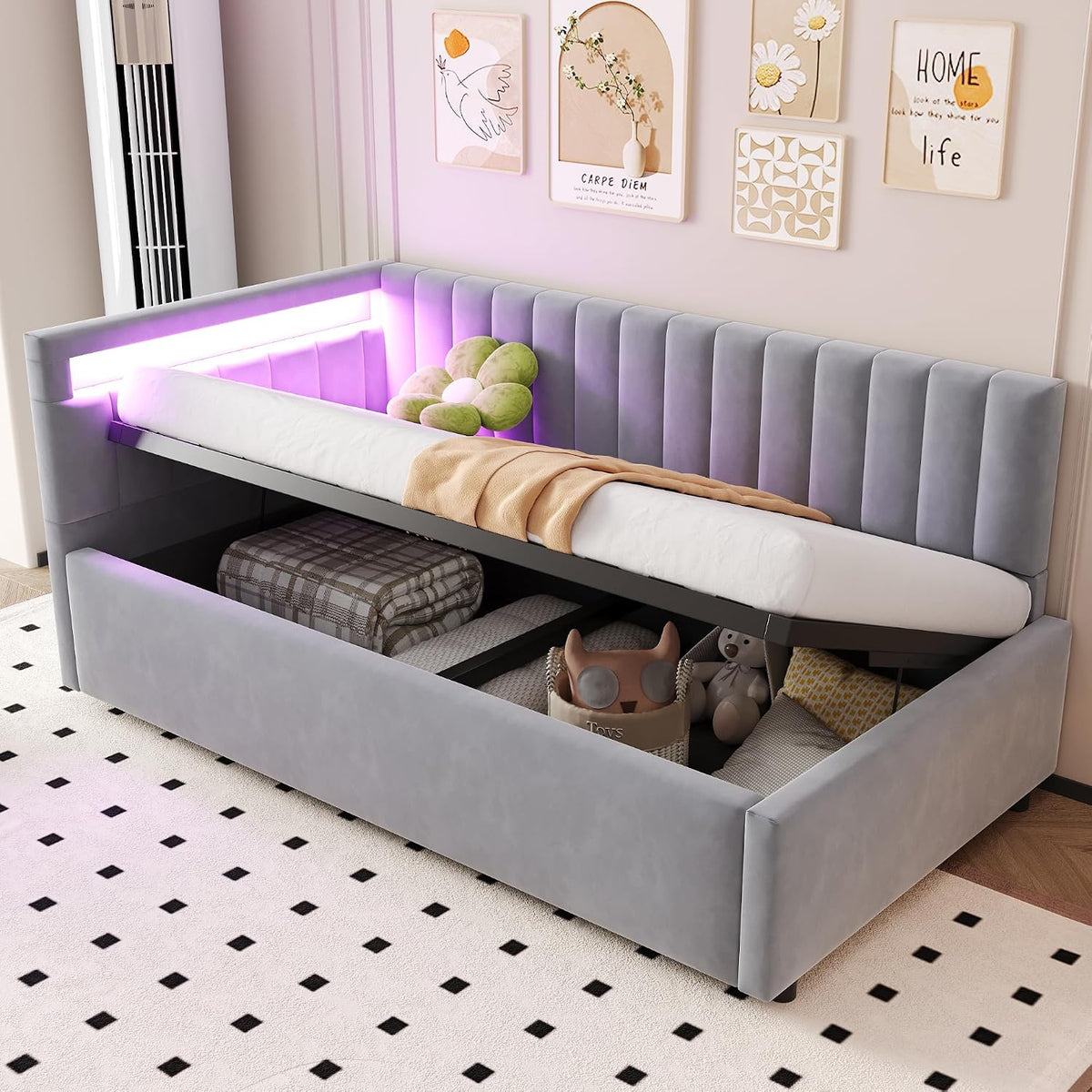 ANIROY Bett, 90 x 200 cm, Hellgrau, Kinder Polster, Schlafsofa Einzel mit LED und Hydraulischem Stauraum, ohne Matratze