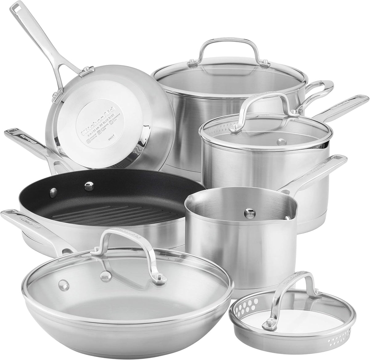 KitchenAid Herd, Silber, 3-lagiger Boden gebürsteter Edelstahl Induktion Töpfe und, spülmaschinenfest, 10-teiliges Kochgeschirr-Set