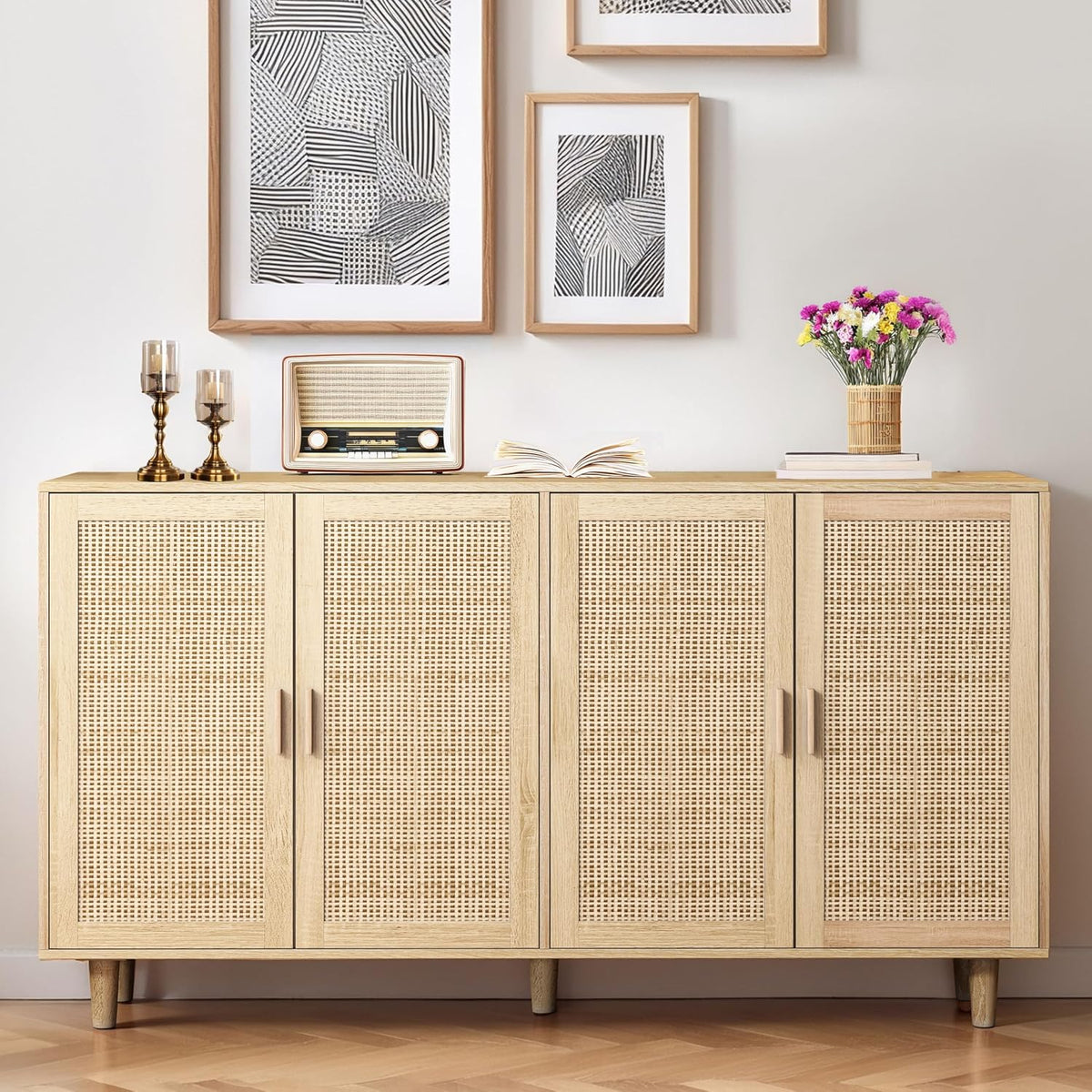 VS VanShine Sideboard, 158x40x88 cm, Holzfarbe, mit verstellbaren Ablagen, Modernen Kommode mit 4 Türen, Wohnzimmer & Schlafzimmer