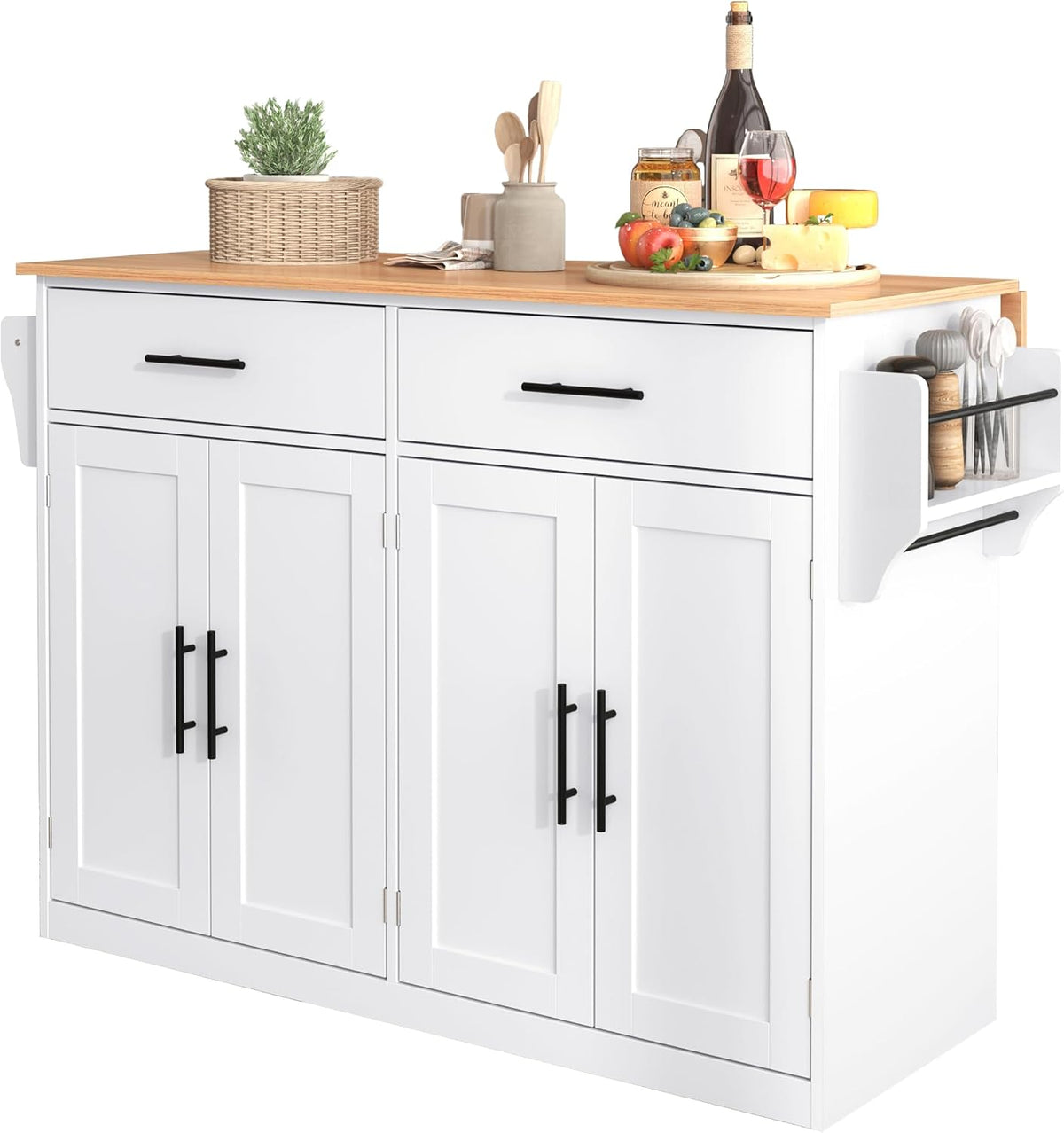 DRIXNO Sideboard, Weiß/Holz, Kücheninsel Küchenschrank mit arbeitsplatte mit Klappbarer, 120x46(70) x91 cm, Kitchen Island Freistehend