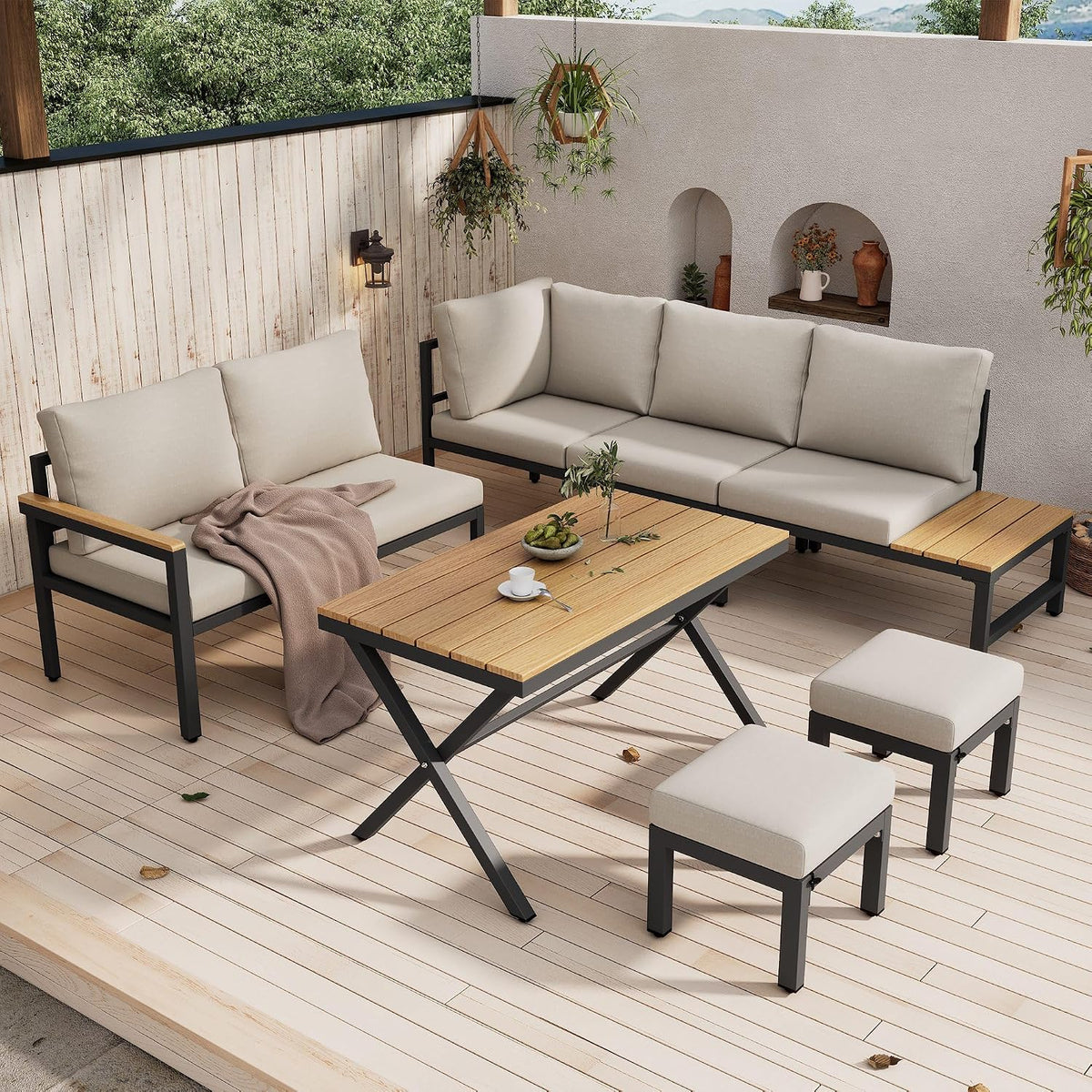 Lahoomu Essgruppe, Beige, Gartenmöbel Set 4-teilig: Ecksofa, Esstisch mit Ablage & 2 Hocker, Outdoor Lounge Set