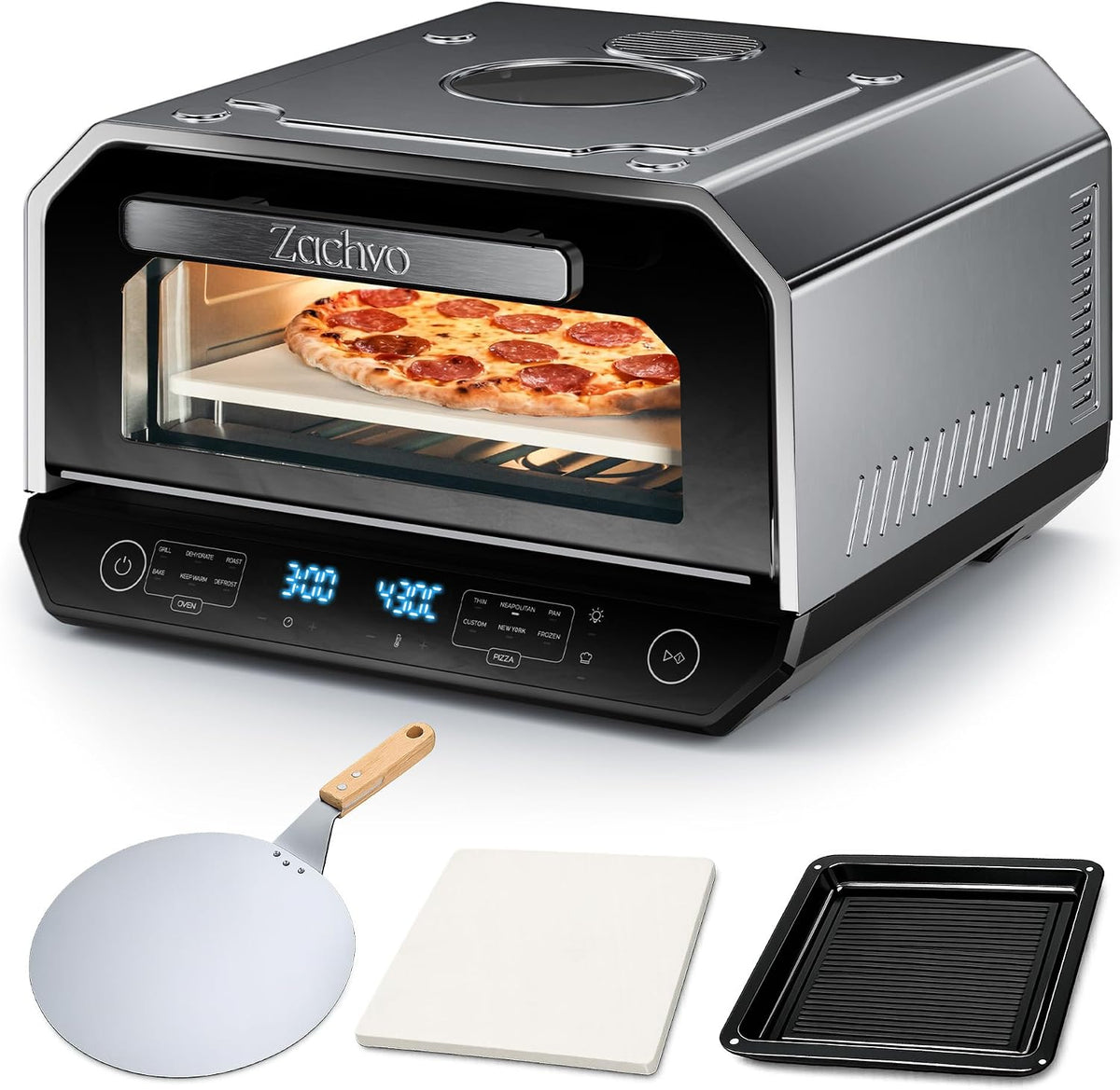 ZACHVO Pizzaofen, Silber, Elektrisch 450°C, Neapolitanische Pizza in 90 Sek, Sichtfenster & Innenbeleuchtung, 6 Programme & 6 Kochmodi