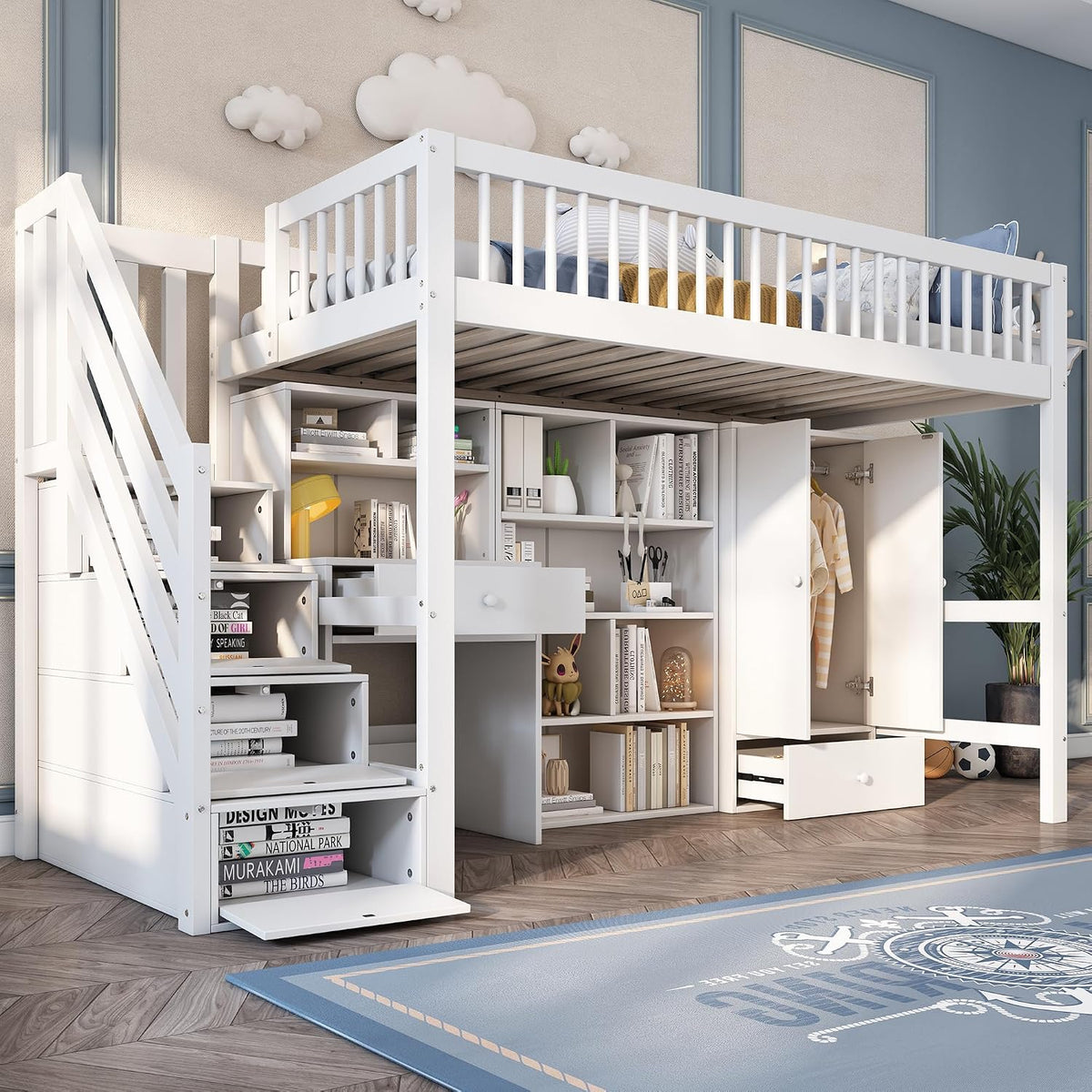 Merax Bett, 252.5×95×150 cm, 90x200 cm, Weiß, Kinder Hoch, mit Treppe Staufach Stauraum, Kleiderschrank, Schreibtisch und Bücherschrank