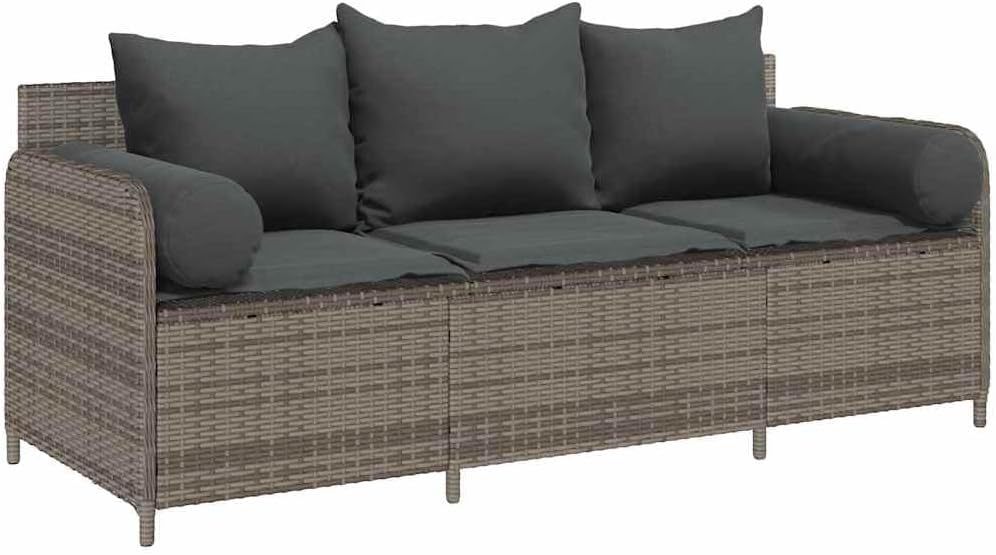vidaXL Sofa, PE-Rattan, pulverbeschichteter Stahl, Grau, Garten mit Kissen 3-Sitzer Poly Rattan