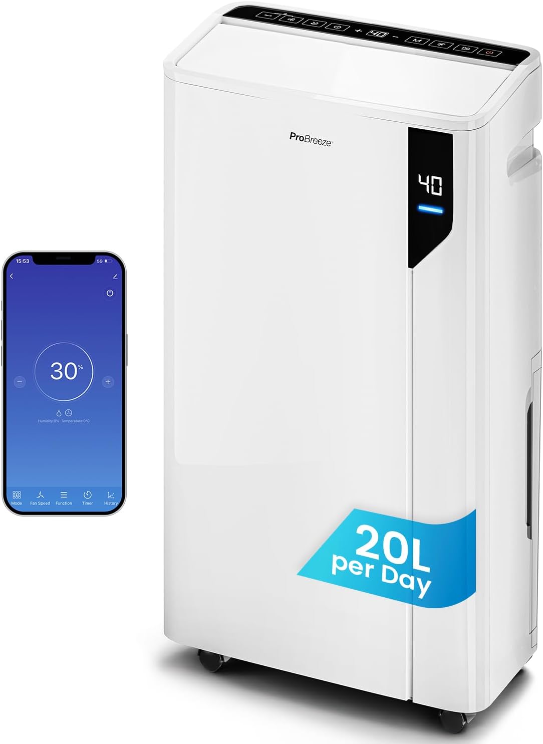 Pro Breeze Luftentfeuchter, 20 L, 35m, Weiß, in 24h Entfeuchtungsleistung - elektrisch mit Wäschemodus, Feuchtigkeitssensor