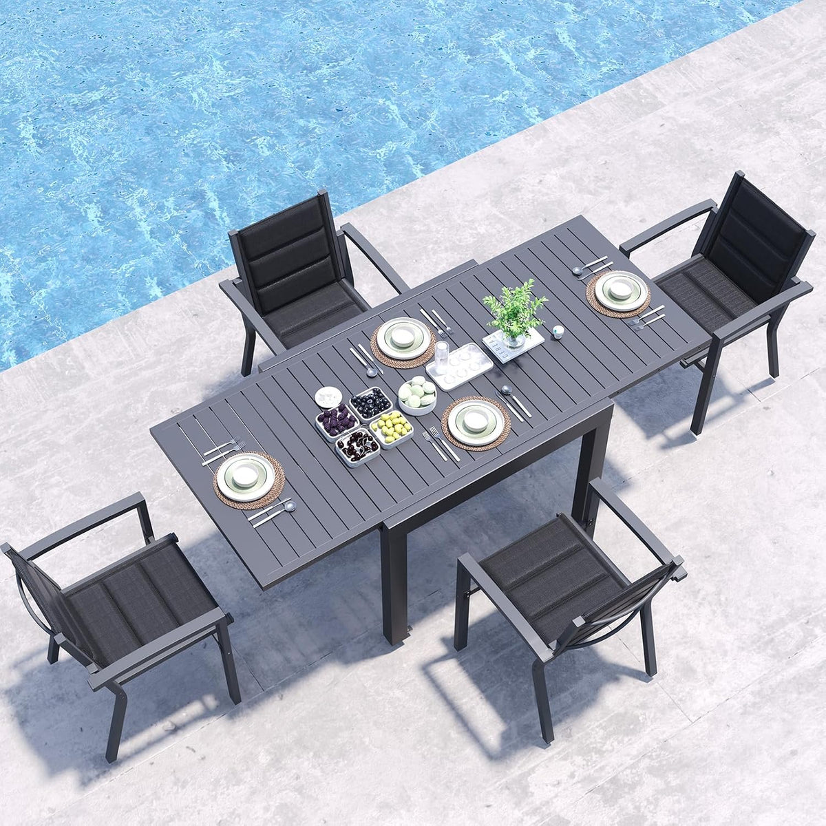 JUMMICO Essgruppe, Schwarz, Garten Balkon Möbel Set Aluminium Leichtgewicht Stapelbare, 4 Personen Set