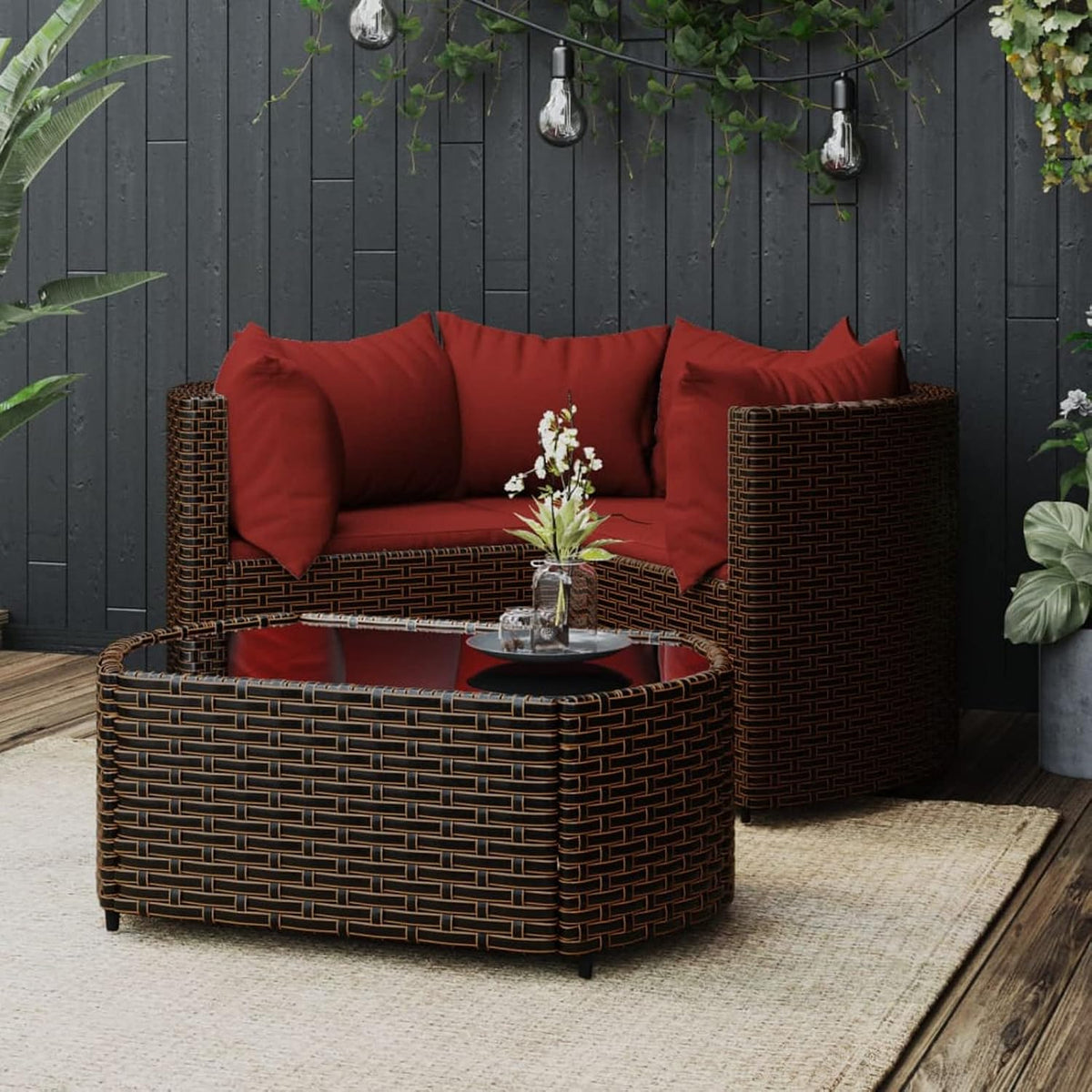 SECOLI Sofa, Braun/Rot, Balkonmöbel Keiner Rattan Balkon 3-Sitzer Gartenmöbel-Set