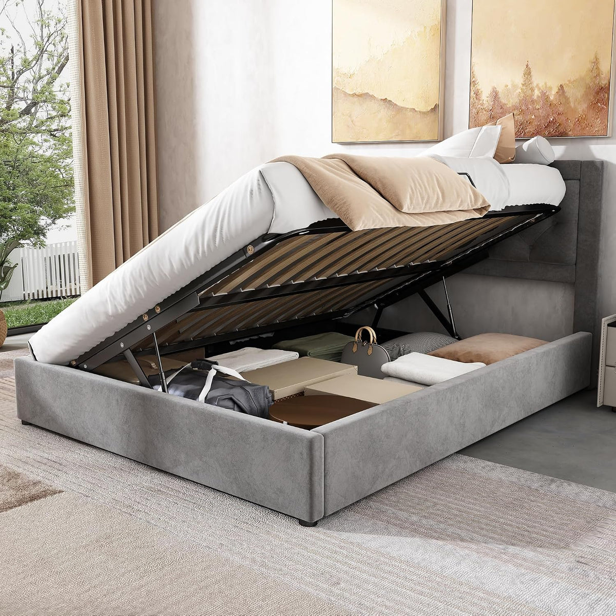 Jovify Boxspringbett, Grau, 140x200 mit Bettkasten, Polsterbett Doppelbett mit Stauraum und Lattenrost, Samt, Ohne Matratze