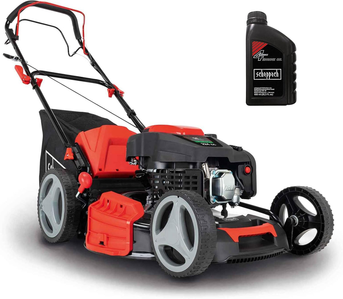 Scheppach Rasenmäher, 53 cm, 65 L, Schwarz/Rot/Grau, Benzin MS230-53 mit Radantrieb, Schnittbreite, Fangbox, Höhenverstellung 7 Stufen