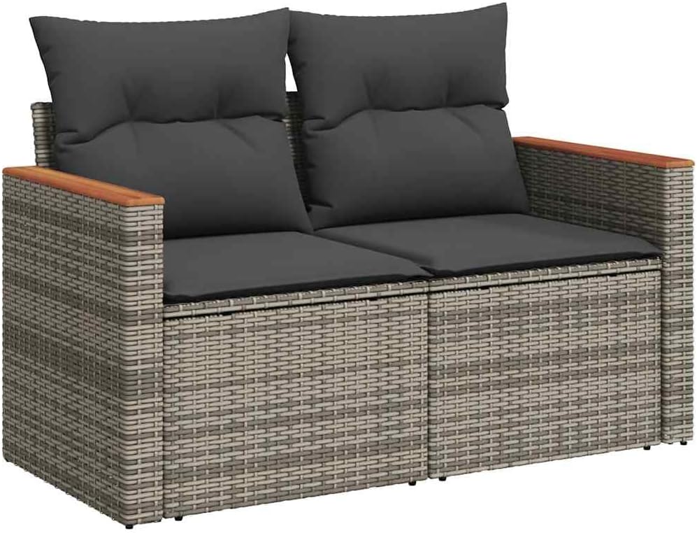 vidaXL Sofa, Grau, Garten 2-Sitzer mit Kissen Poly Rattan
