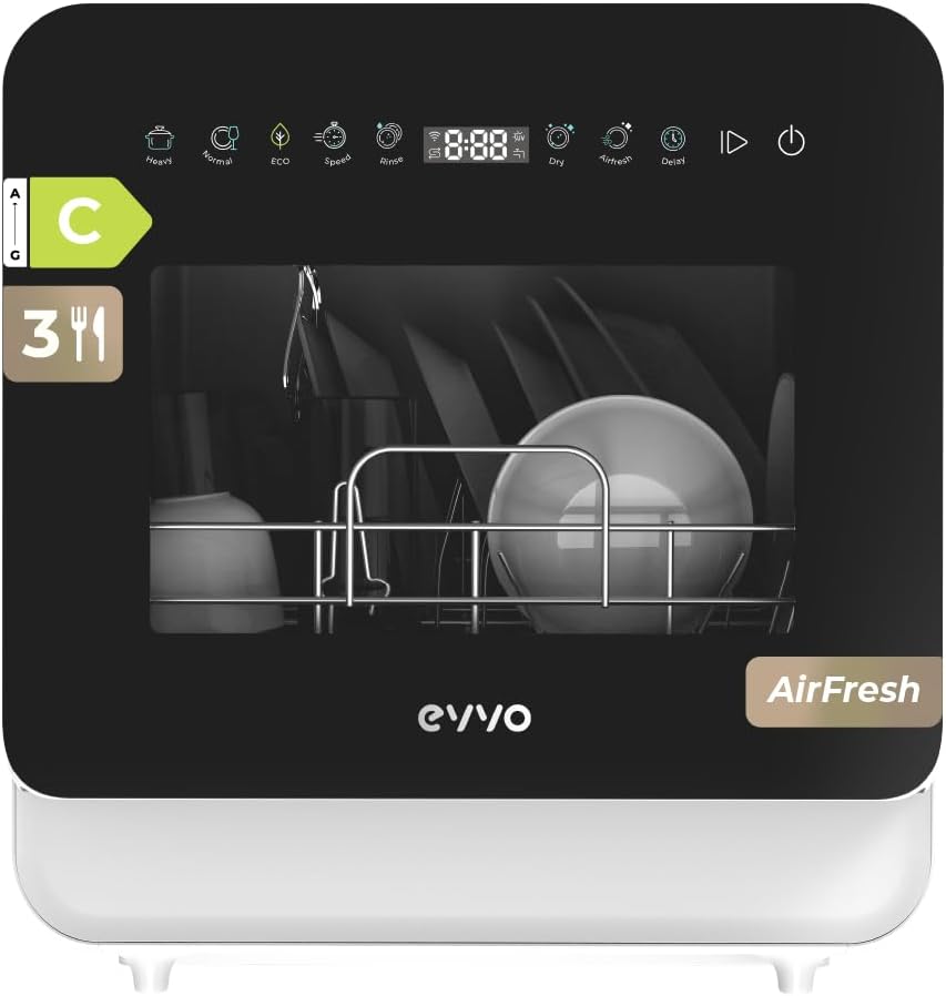 EVVO Geschirrspüler, Weiß, Mini D Trip 3 - Kompakter, 3 Gedecke, Energieklasse C, 6 Programme, Extra Air Fresh