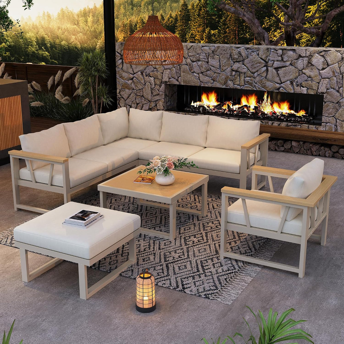 Sofa Dolamaní, Beige, Gartenmöbel Set Wetterfest für 7 Personen, Eck Handläufen aus Kunststoffholz, mit Couchtisch